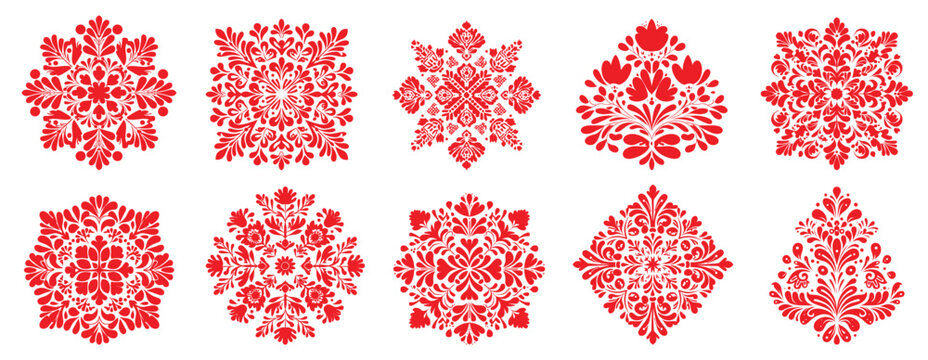 patterns red set. Slavic floral ornament, Ethnic embroidery textiles fabric traditional classic Russian pattern print vector illustration