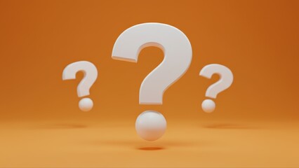 Three white question marks floating against an orange background symbolizing uncertainty and mystery.