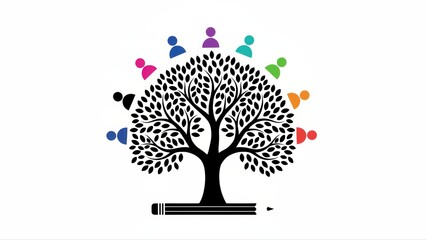 Community learning and development flourish together under a tree growing from a pencil symbolizing education.