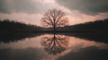 a tree in the middle of a lake with its reflection, a sunset sky, and dark clouds. photography