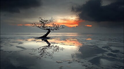 a tree in the middle of a lake with its reflection, a sunset sky, and dark clouds. photography
