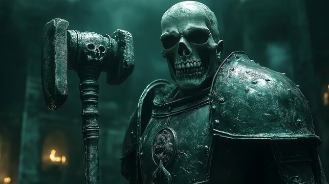 A skeleton in futuristic armor holding a hammer. Illustration on the theme of computer games and fantasy.