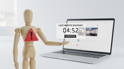 Wooden mannequin with an online alert symbol standing beside a laptop showing a last-minute discount timer