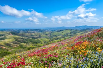 A panoramic view of colorful wildflowers blanketing rolling hills under a bright blue sky, celebrating the beauty and vibrancy of nature in full bloom.