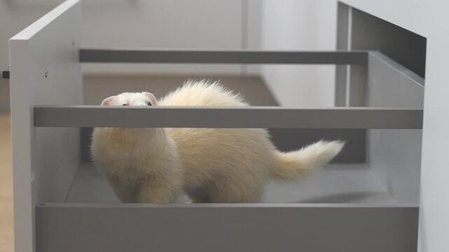 Domesticated dew color ferret mustela putorius running through modern apartment