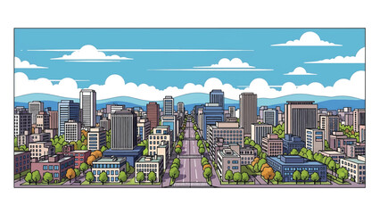 Sapporo cityscape vector illustration depicting a spacious northern Japanese city with wide streets, generic buildings, and open sky in flat solid colors for travel and urban design themes © meeblues