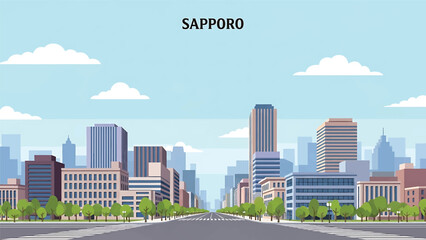 Sapporo cityscape vector illustration depicting a spacious northern Japanese city with wide streets, generic buildings, and open sky in flat solid colors for travel and urban design themes © meeblues