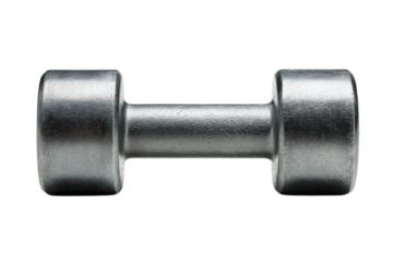 A single dumbbell weight with a short handle and cylindrical ends, matte metal finish with subtle wear marks, clean symmetrical form, and solid compact proportions isolated on transparent background.

