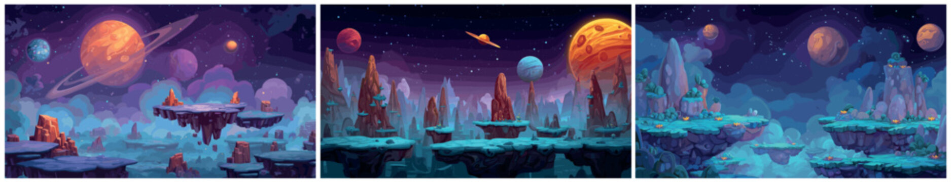 Space floating islands background. Game levels floating island cartoon set, digital art computer game Saturn planet rocks vector illustration