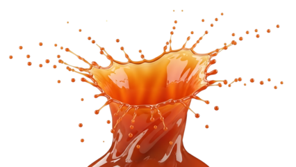 Splashing orange juice on transparent background with droplets