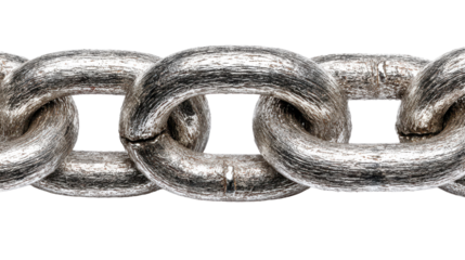 Interwoven steel chain links with thick metallic rings braided together, brushed metal texture, bright specular highlights, and a tight repeating pattern of heavy duty material isolated on transparent