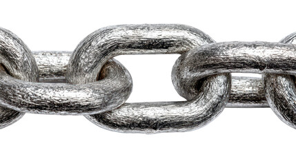 Obraz premium Interwoven steel chain links with thick metallic rings braided together, brushed metal texture, bright specular highlights, and a tight repeating pattern of heavy duty material isolated on transparent
