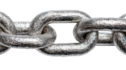 Interwoven steel chain links with thick metallic rings braided together, brushed metal texture, bright specular highlights, and a tight repeating pattern of heavy duty material isolated on transparent