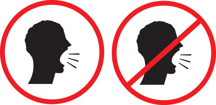 Keep quiet / silent please sign. Crossed person talking / Shhh icon in circle.  illustration
