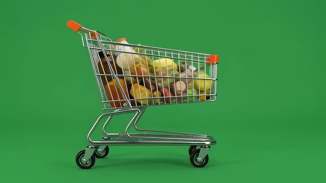 Metal shopping cart rolling with fresh groceries on a chroma key green screen background, showcasing retail and consumerism concepts in a realistic 3D animation.