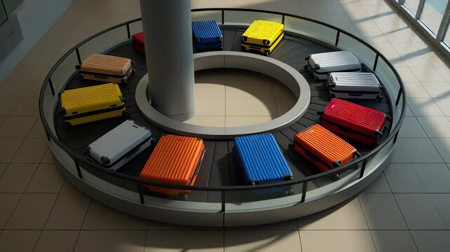 Colorful hard-shell suitcases rotating on a circular airport baggage carousel in a realistic 3D animation loop, illustrating travel and tourism concepts
