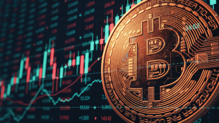 Close-up generic a generic coin with cryptocurrency trading charts in the background for digital investment analysis