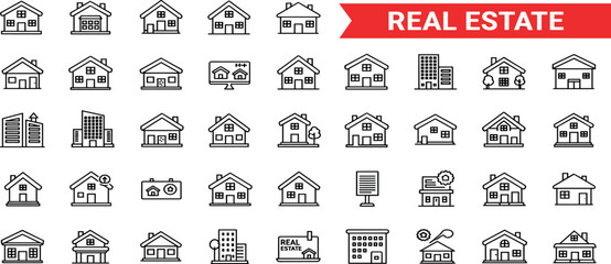 Collection of Real Estate Icons Featuring Houses and Buildings