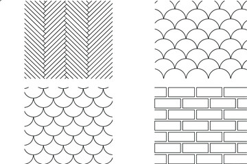 Seamless Pattern Icon Set with Chevron Zigzag, Fish Scale Overlapping, Scallop Wave Curves, and Classic Brick Wall Textures for Backgrounds © MDTAREK