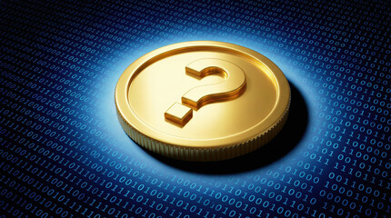 A golden coin featuring a question mark resting on a glowing digital binary code background symbolizes uncertainty and choice.