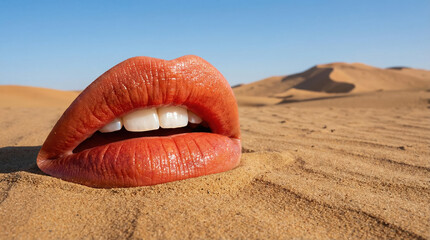 Glossy lips emerging from the sand create a surrealism effect against the vast desert landscape and clear blue sky.