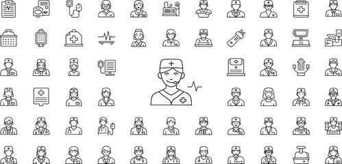 A doctor icon surrounded by various people and objects icons in a grid layout on a simple background from a direct viewpoint