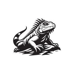 Fototapeta premium Black and White Iguana Reptile on a Rock Stylized Animal Graphic.
