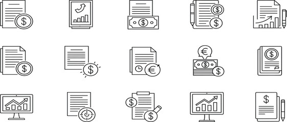 Collection of financial icons displayed in a grid pattern on a clean background
