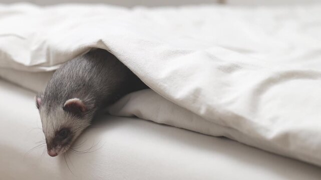 Domesticated dark sable ferret mustela putorius running through modern apartment