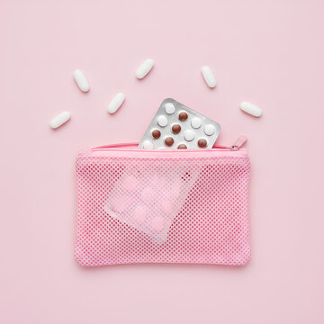 Feminine Pink Organizer Mesh Bag Containing Birth Control Pills, Blister Pack and Loose White Tablets on Soft Pink Surface &ndash; Women's Health Concept
