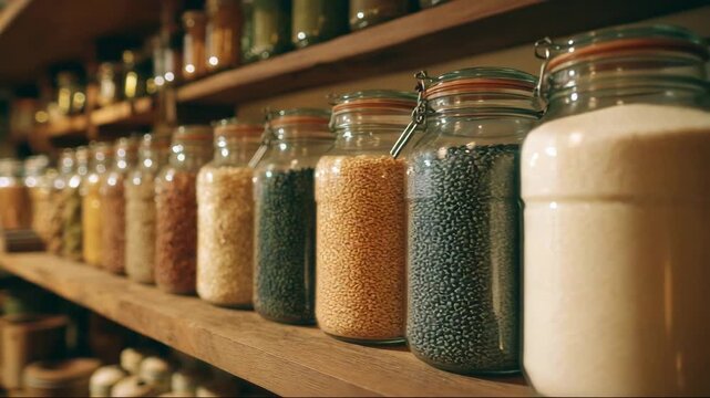 Various jars filled with grains and pulses on wooden shelf  