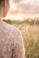Naklejka premium A delicate butterfly resting on a woman’s shoulder in a field at sunset, capturing serenity.