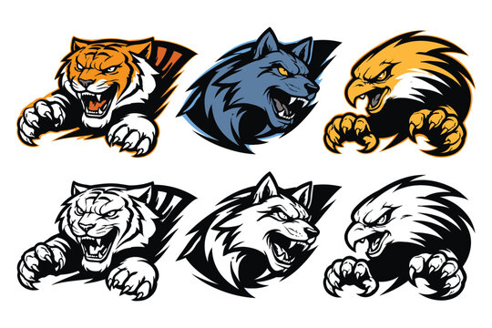 Angry animal mascots set including tiger wolf and eagle heads