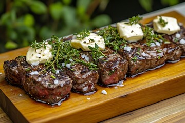 A perfectly cooked steak garnished with fragrant herbs and rich butter, presented on a wooden board, exemplifying culinary excellence and indulgence.