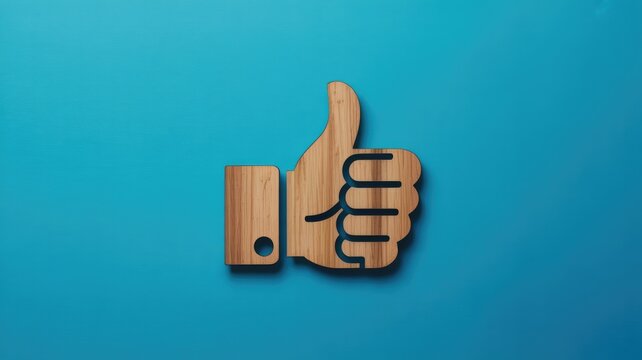 A wooden thumbs up icon with a subtle shadow against a vibrant blue background, symbolizing approval and positive feedback. - Powered by Adobe
