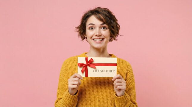 Young woman happily holding a gift voucher with a red ribbon for joyful gift giving on pink background