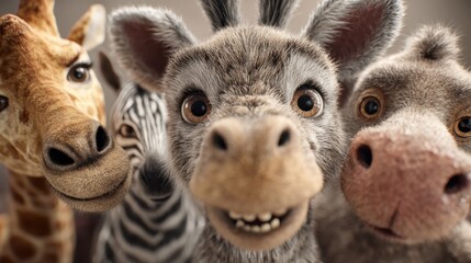 Fototapeta premium Cute animated animals posing together with playful expressions.