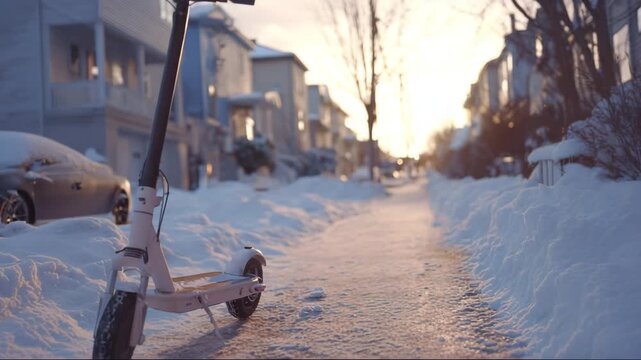 Electric scooter parked on snowy sidewalk during winter sunset  