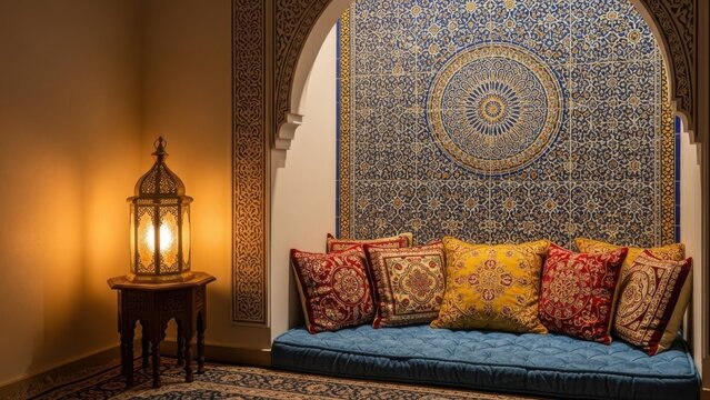 Cozy Moroccan lounge with cushions and lantern