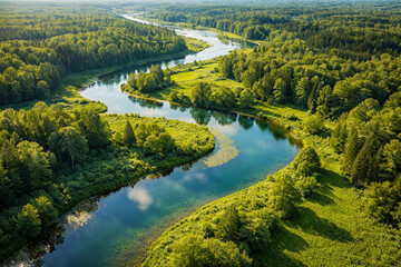 Obraz premium Sunlit river winding through a lush nature landscape with vibrant green trees along the stream ecosystem
