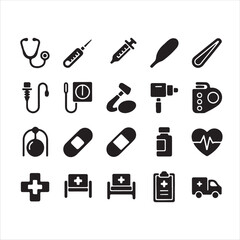 Fototapeta premium Black medical and hospital icons in a clean grid, featuring stethoscope, syringe, pills, beds, ambulance, heart monitor, wheelchair, clipboard, and healthcare equipment symbols. 