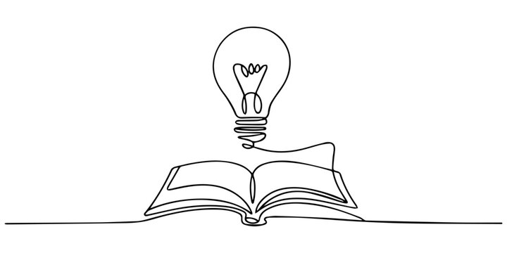 Light bulb above book continuous one line drawing, Opened book with light bulb in one continuous line drawing. Symbol of idea for business or schedule. one line Icon drawing