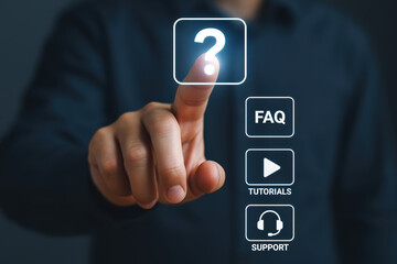 generic touching a digital interface to access support options including FAQ and tutorials online