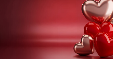 Elegant metallic and red heart balloons form a stylish composition on a warm blurred background, evoking passion and intimacy while leaving open space for text placement.