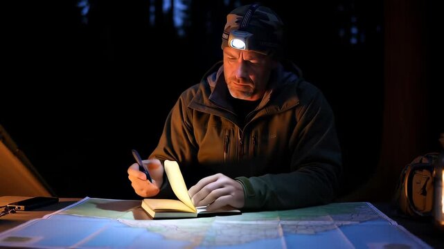 Serious male hiker planning a route on a map under a bright headlamp at night, writing notes in a notebook amidst dark woods for adventure preparation.
