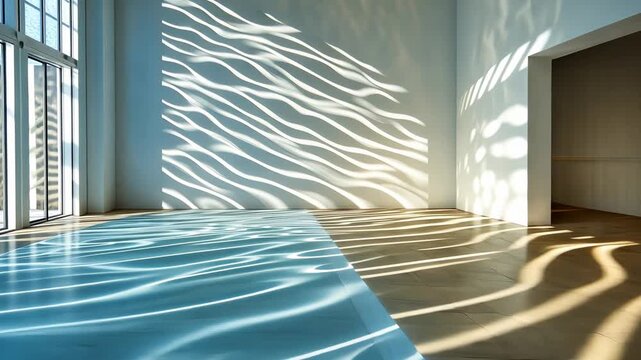 Caustics light patterns moving on wall and floor in empty room