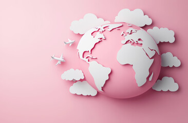 Passenger jet soaring across pastel globe, highlighting global connectivity and wanderlust against soft pink backdrop