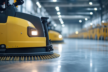Warehouse janitor cleaning expansive floor using industrial machine, maintaining pristine workspace with systematic precision