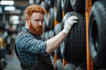 Red-haired mechanic wearing gloves and overalls carries a tire through a garage, showcasing skills in auto repair and maintenance
