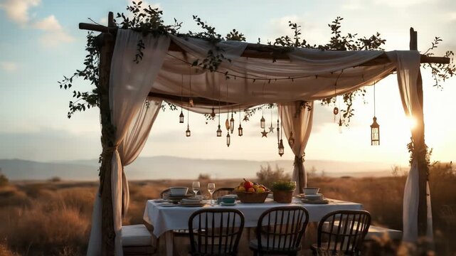 Sukkah decorated for sukkot with hanging lanterns and ornaments, set table during sunset